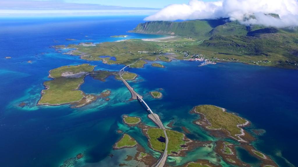 Aerial photo of roadway and bridge connecting chain of islands